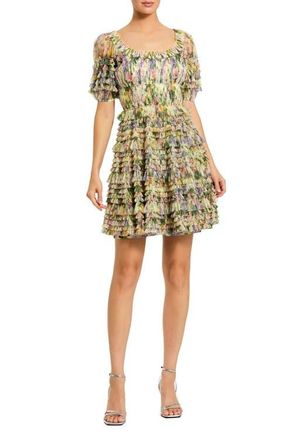 Mac Duggal Floral Mesh Puff Sleeve Ruffle Mini Dress in Yellow Multi at Nordstrom, Size 12