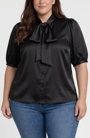 Liverpool L.A. Tie Neck Puff Sleeve Satin Top in Black at Nordstrom, Size 3X