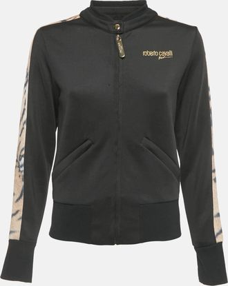 Roberto Cavalli Sport Black Animal Print Trim Crepe Zip Up Jacket S