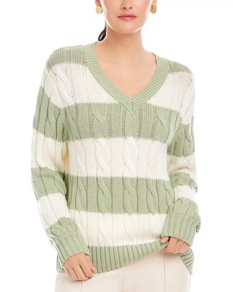 Fifteen Twenty Avalee Stripe Cable Sweater In Sage/cream