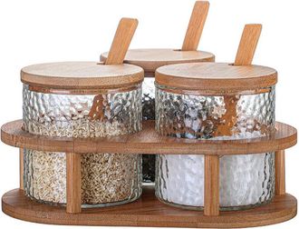OEM Pot &Agrave; &Eacute;pices En Verre - Verre Borosilicate - Couvercle Et Cuill&egrave;re En Bambou - Plateau De Service - Cuisine Domestique - Lot De 3 Pi&egrave;ces