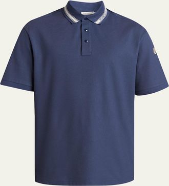 Moncler Mens Stripe-Trim Cotton Pique Polo Shirt