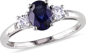 Mimi & Max 1 3/5ct TGW Created Blue White Sapphire 3-Stone Ring Diamond Accents 10k White Gold