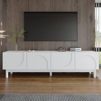 Merax 169cm Low TV Stand with Four Push-to-Open Doors & Solid Wood Legs in White