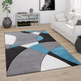 Paco Home Paco Home - Alfombra Sal&oacute;n Pelo Corto Moderna Efecto 3d Perfil Contorneado Motivo Abstracto 240x330 Cm, Turquesa