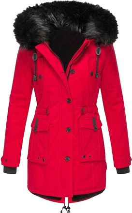 Generic Winter Coats for Women UK Thermal Fleece Lined Thickened Coats with Faux Fur Hood Full Zip Padded Puffer Coat Warm Soft Plush Parka Jackets(Red, XXXXL