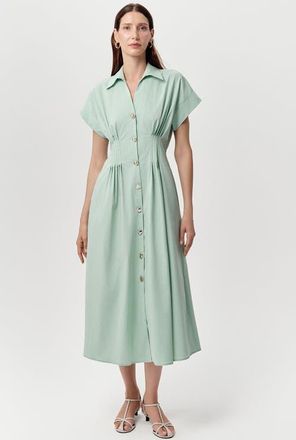 Exquise Reilly Shirt Collar Elastic Waist Midi Dress in Mint at Nordstrom, Size X-Large