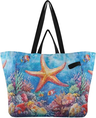Generic Orange Starfish print Reusable Canvas Tote Bag, Heavy Duty Grocery Shopping Bag with Hard Bottom Double Handles Large Capacity Work Groceries Travel