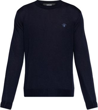 Versace Gebreide trui van wolblend - Heren - Ronde hals truien - Blauw - XL - Wol - Truien & Vesten