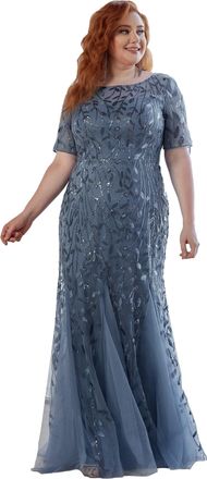 Ever-pretty Ever Pretty Womens Elegant O Neck Short Sleeve Floor Length Mermaid Embroidery with Sequin Plus Size Formal Evening Dresses Denim Blue 16UK