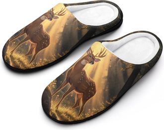 Generic Deer in The Autumn Woods Mens Slippers Slip On Comfortable Fleece Cotton House Shoes Winter