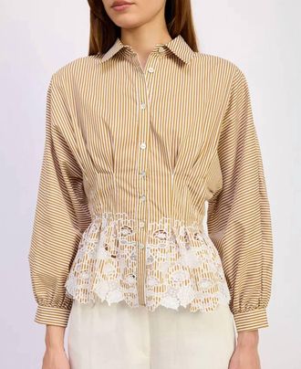 En Saison Pleated Waist Collared Shirt Blouse With Floral Embroidered Peplum Hem In White Mustard