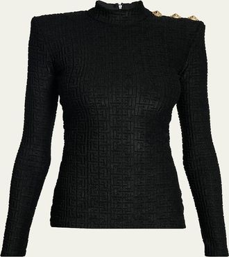 Balmain Button-Shoulder Monogram Bouclette Top