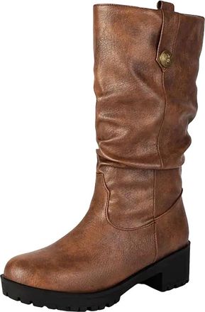 Generic Womens Retro Mid Calf Boots Round Toe Medium Block Heel Platform Slip On With Metal Decoration Leisure Footwear