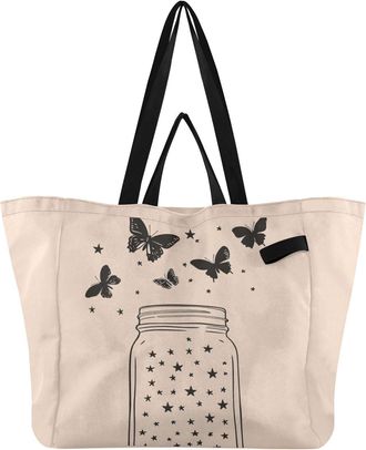 Generic Butterfly Starry Jar Beige pattern Reusable Canvas Tote Bag, Heavy Duty Grocery Shopping Bag with Double Handles Large Capacity Hard Bottom Work Groce