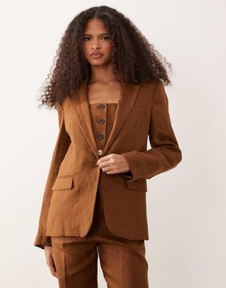Mango Boreli - Blazer sartoriale in 100% lino marrone in coordinato