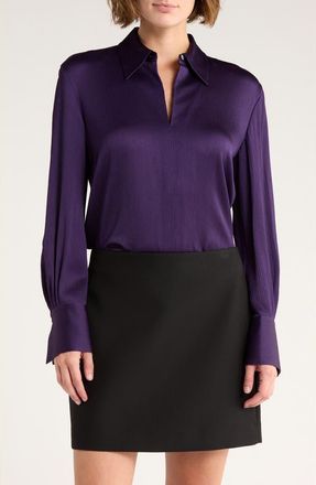 Theory Collar Split Neck Long Sleeve Top in Blackberry at Nordstrom Rack, Size Small