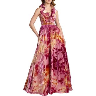 Mac Duggal Burnout Organza Ruffle V Neck Detail Ballgown in Orchid Multi at Nordstrom, Size 12