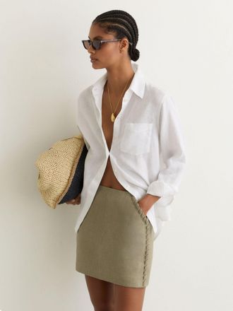 Reiss Khaki Green Linen Whipstitch Mini Skirt, 14