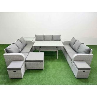 Fimous Pe Rattan Lounge Sofa Set 12 Seater Outdoor Garden Furniture Set with Rectangular Dining Table 3 Seater Sofa 3 Stools 2 Side Table Light Grey - Fimous