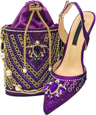 Generic Womens Stiletto High Heel Shoes and Gold Chain Handbag Set Sparkly Rhinestone Big Crystal Decoration