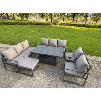 Fimous Fimous Garden Aluminium Furniture Set Dark Grey 9 Seater Outdoor Patio Adjustable Rising Lifting Dining Table with 2 Chairs Big Footstool Dark Grey