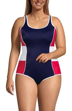 Lands End Plus Size Tugless Low Leg One Piece Swimsuit in Navy/red/white at Nordstrom, Size 20W