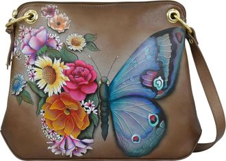 Anuschka Womens Hand-Painted Genuine Leather Crossbody Sling Bag - Butterfly Blooms Bronze