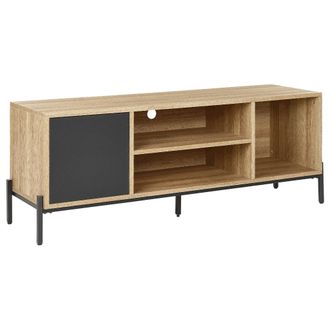 Beliani Mueble Tv Madera Clara Gris Negro 140 X 40 Cm Mdf Armario Estantes Moines