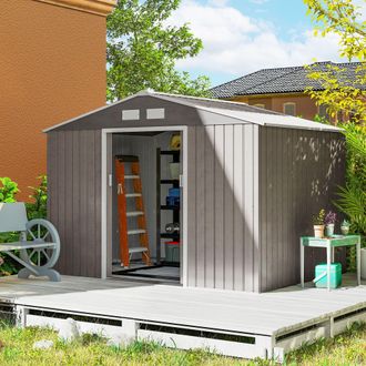 OUTSUNNY Garden Shed Storage Unit w/ Locking Door Floor Foundation Vent in Light Brown