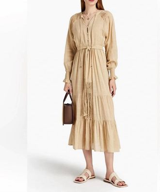Tigerlily Emine Gathered Cotton Gauze Midi Dress In Sand Beige