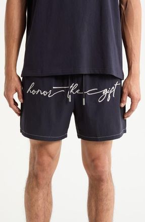 Honor The Gift Hybrid Cursive 5-Inch Swim Trunks in Navy at Nordstrom, Size X-Large