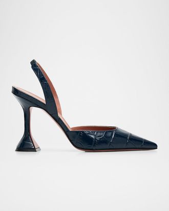 Amina Muaddi 95mm Holli Croc-Embossed Leather Slingback Pumps