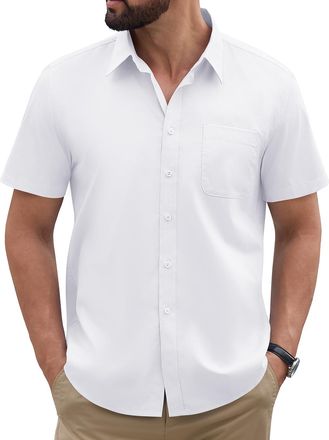 Heekpek TOMEEK Mens Short Sleeve Shirts Casual Regular Fit Dress Shirt Summer Business Work Formal Button Down Shirt Plain(White,XXL)