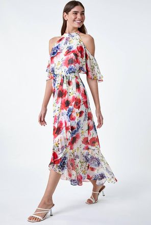 Roman Poppy Floral Frill Halterneck Dress