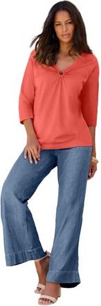 Roaman's Plus Size Ultimate Keyhole V Neck Tee in Sunset Coral at Nordstrom, Size 28