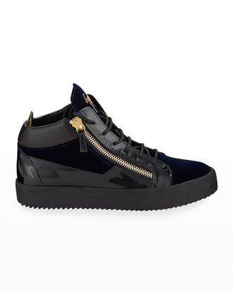 Giuseppe Zanotti Mens Velvet Patent Leather Mid-Top Sneakers