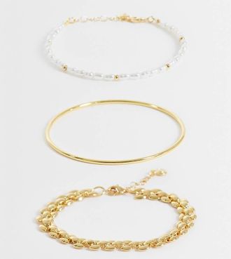 Orelia Confezione da 3 bracciali con perle sintetiche, catenina e bracciale rigido placcati oro 18 carati