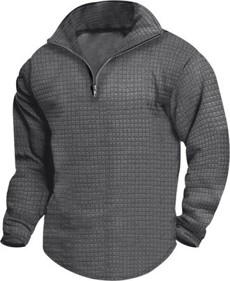 Generic Men Quarter Zip Pullover Tops 1/4 Zipper Waffle Sweaters Solid Color Mock Neck Sweatshirts Casual Long Sleeve Shirts Suéter para Hombre(Dark Gray, S)