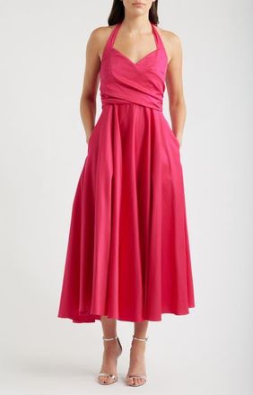 Black Halo Noelle Stretch Cotton Halter Midi Dress in Cerise at Nordstrom, Size 12