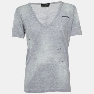 Dsquared2 Grey Distressed Cotton V-Neck T-Shirt