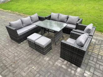 Fimous Rattan Garden Outdoor Furniture Sofa Garden Dining Set with Patio Dining Table 2 Armchairs Small Footstools in Dark Grey