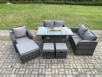 Fimous Outdoor Sofa Rattan Garden Furniture Set Patio Gas Fire Pit Dining Table and Reclining Chair set with 3 Footstools Dark Grey Mixed