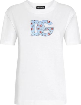 Dolce & Gabbana Jersey t-shirt met DG print patch - Dames - T-shirts - Wit - M - Nylon - Tops