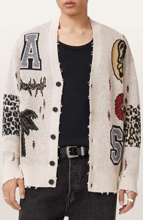AllSaints Foxx Distressed Jacquard Graphic Cardigan in Ecru White at Nordstrom, Size Medium