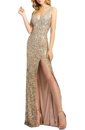 Mac Duggal Sequined Sleeveless V Neck Side Slit Gown in Shimmmering Gold at Nordstrom, Size 12