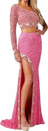Rachel Allan Appealing Textured Sequins 2-Piece Set Gown In Fuchsia