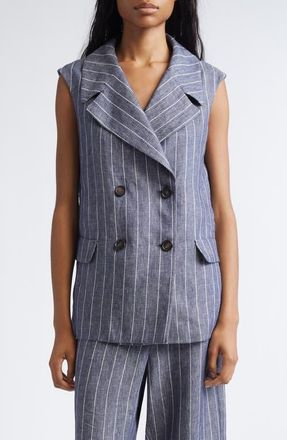 Max Mara Ballo Pinstripe Double Breasted Linen Vest in Ultramarine at Nordstrom, Size 10