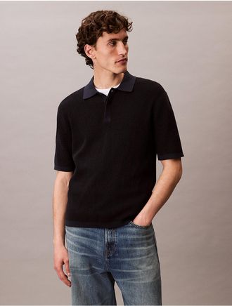 Calvin Klein Mens Smooth Cotton Waffle Sweater Polo Shirt - Blue - 2XL