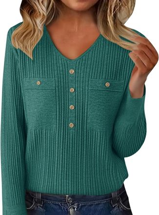 Generic Anthropologie Sweater, Ribbed Sweaters for Women V Neck Long Sleeve Pullover Tops Cozy Soft Warm Fashion Business Casual Button Polo Sweater Green XL